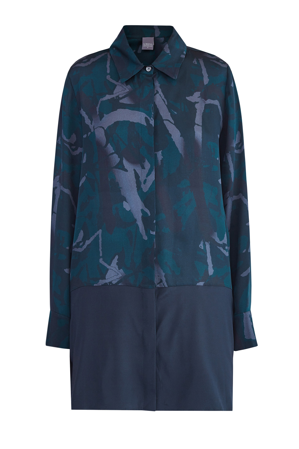 Блузка свободного кроя с абстрактным принтом и однотонной нижней кромкой LORENA ANTONIAZZI, цвет бирюзовый, размер 42;46 - фото 1